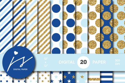 Baby blue and Royal blue gold digital paper, Glitter digital paper, Gold polka dots, stripes, stars, MI-753
