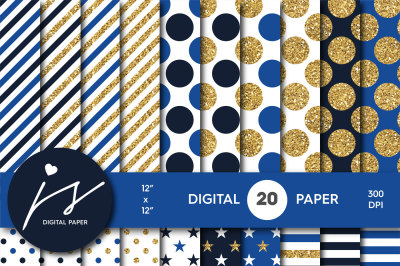 Navy blue and Royal blue gold digital paper, Glitter digital paper, Gold polka dots, stripes, stars, MI-754