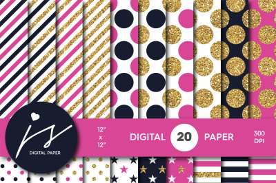 Navy blue and Hot pink gold digital paper, Glitter digital paper, Gold polka dots, stripes, stars, MI-757