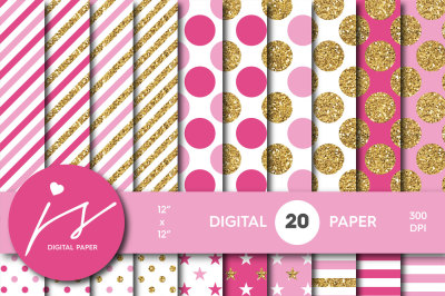 Pink and Hot pink gold digital paper, Glitter digital paper, Gold polka dots, stripes, stars, MI-758