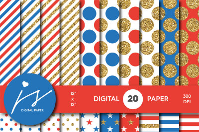 Red and Blue gold digital paper, Glitter digital paper, Gold polka dots, stripes, stars, MI-759