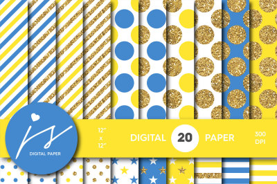 Yellow and Blue gold digital paper, Glitter digital paper, Gold polka dots, stripes, stars, MI-760