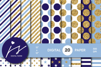 Royal blue and Blue gold digital paper, Glitter digital paper, Gold polka dots, stripes, stars, MI-761