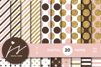 Pink and Brown gold digital paper, Glitter digital paper, Gold polka dots, stripes, stars, MI-762