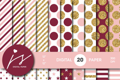 Pink and Burgundy gold digital paper, Glitter digital paper, Gold polka dots, stripes, stars, MI-763