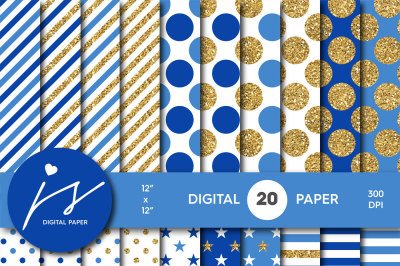 Royal blue and Blue gold digital paper, Glitter digital paper, Gold polka dots, stripes, stars, MI-784