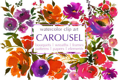 Carousel Orange and Purple Watercolor Floral Clip Art