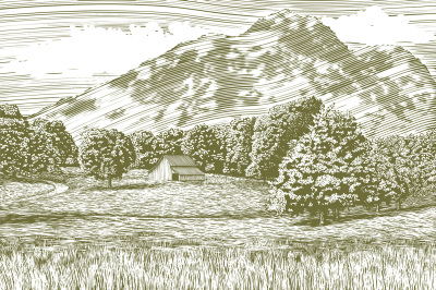 Woodcut Barn and Mountain Landscape