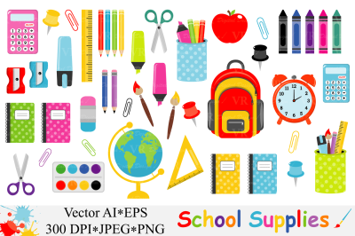School Supplies Clipart, Back to School Clipart - Vector