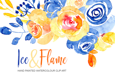 Blue and orange watercolor flowers