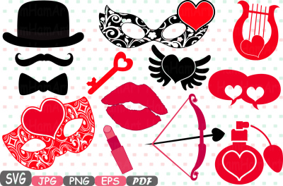 Props Valentine's Day Mask Silhouette Cutting Files SVG Masquerade Party Photo Booth Arrow Cupid Bow SVG Heart Costume Vinyl ClipArt -14P