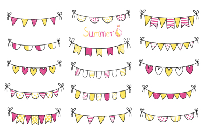 Cute hand drawn summer bunting clipart, Yellow purple pennant flags