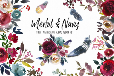 Merlot &amp; Navy Watercolor Floral Design Kit