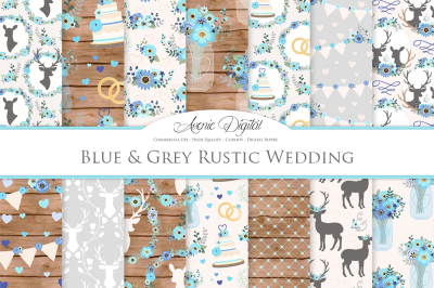 Blue and Gray Rustic Wedding Digital Paper