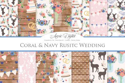 Coral and Navy Rustic Wedding Digital Paper