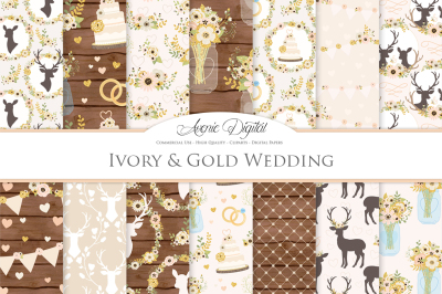 Ivory and Gold Glitter Rustic Wedding Digital Paper
