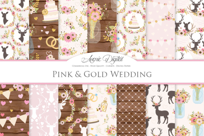 Pink and Gold Glitter Rustic Wedding Digital Paper