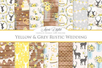 Yellow and Gray Rustic Wedding Digital Paper