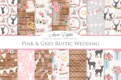Pink and Gray Rustic Wedding Digital Paper