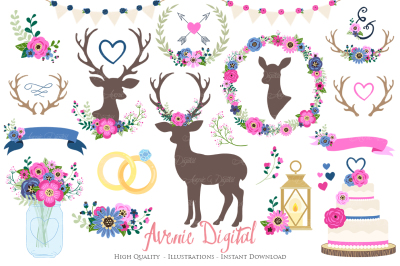 Pink and Navy Rustic Wedding Clipart