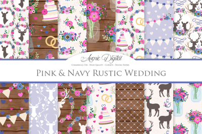 Pink and Navy Rustic Wedding Digital Paper