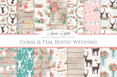 Red and Teal Rustic Wedding Digital Paper