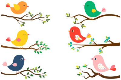 Cute colorful birds clipart, Tree branches green leaves, Spring bird