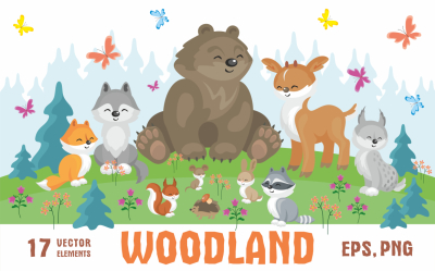 Woodland. Cute animals and plants.
