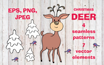 Christmas deer. Vector elements and seamless patterns.