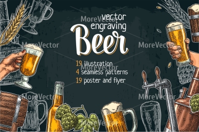 Beer set poster and seamless pattern with hand, glass, bottle, hop , ear,  barrel, tanks