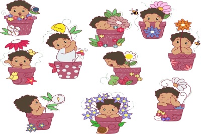 Flower Pot African American babies illustration Vector Pack