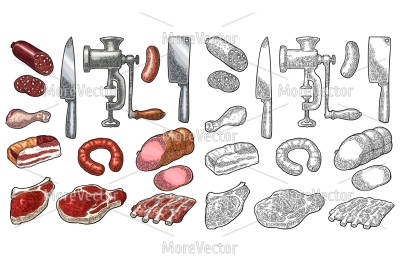Set meat products and kitchen equipment. 
