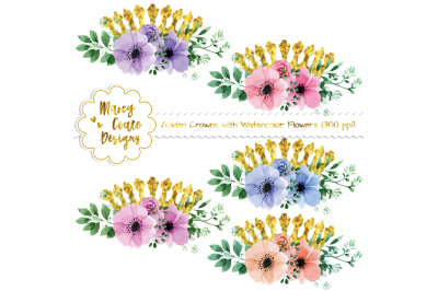 Golden Crowns with Watercolor Flowers PNG (300 ppi)