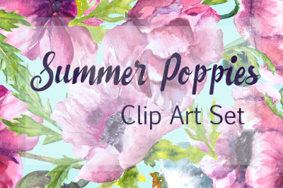 Watercolor Summer Poppies Clip Art - Bonus Wreath and Border