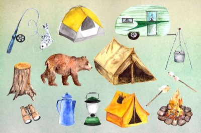Watercolor Camping Clip Art Set