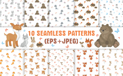 Woodland animals. Seamless patterns set.