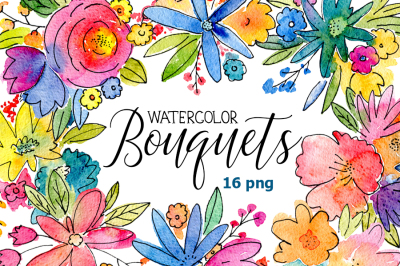 Watercolor boquets of bright flowers