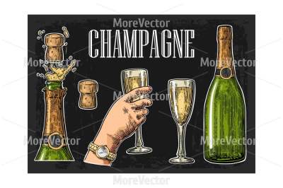 Bottle of Champagne explosion and hand hold glass. Vintage color vector engraving