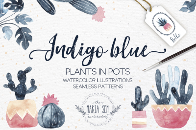 Indigo blue watercolor plant in pots (vector included)