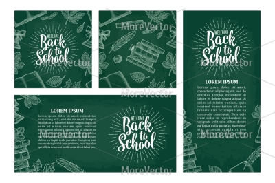 Horizontal, vertical posters and seamless pattern with leaf, book, bell and lettering Welcome Back to School.