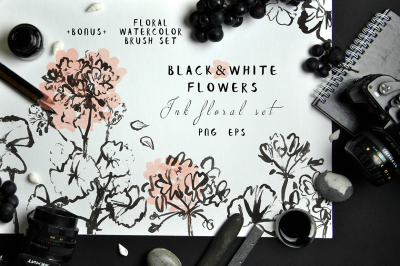 Black&White Flowers - Ink floral set