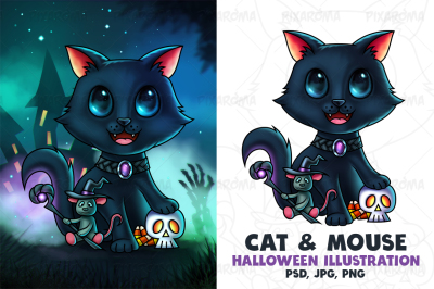 Cat and Mouse Halloween Illustration