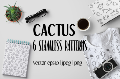 Outlined Cactus Seamless Pattern Set