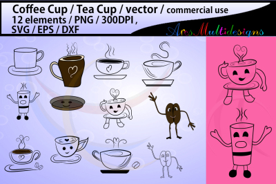 coffee svg doodle / Tea mug / cartoon / coffee cup silhouette / tea cup / SVG / PNg / EPS / Dxf / vector / commercial use /coffee cup cartoon