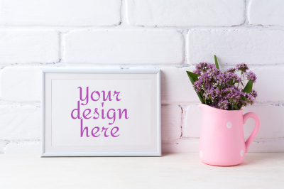 White landscape frame mockup with purple flowers in polka dot pink pitcher