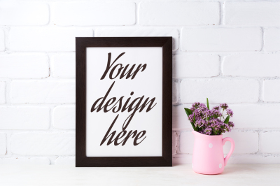 Black brown  frame mockup with purple flowers in polka dot pink pitcher