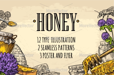 Set Honey. Pattern, poster, engraving illustration