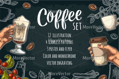 Set  poster, menu, engraving, pattern, template advertising with coffee 