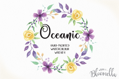 Hand Painted Watercolour Wreath Clip Art Floral Garland - Oceanic