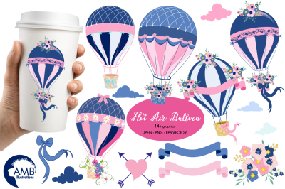 Hot air balloons in pink and blue clipart, graphics, illustration AMB-1394